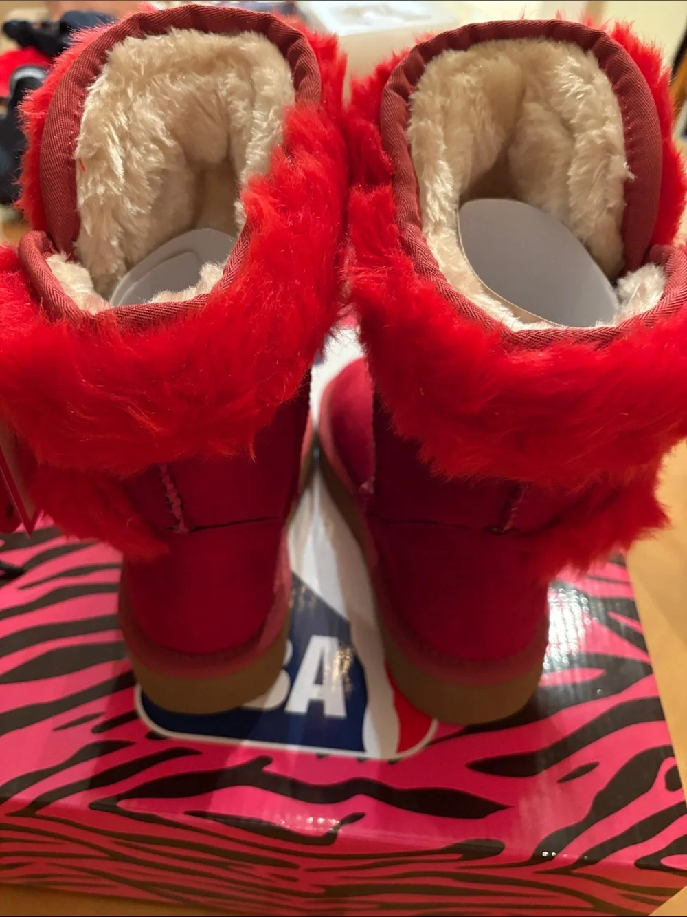 Red Faux Fur-Lined Boots with LA Clippers Logo